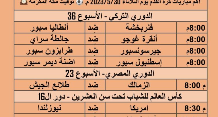أهم مباريات كرة القدم يوم الثلاثاء 2023/5/30