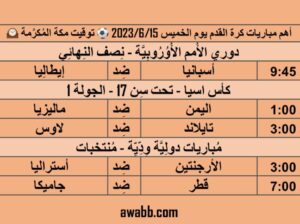أهم مباريات يوم الخميس 2023/6/15