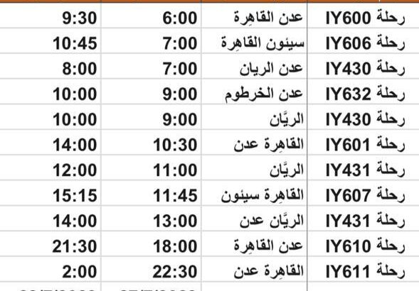 رحلات طيران اليمنية يوم الخميس 2023/7/27