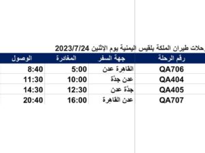 رحلات طيران الملكة بلقيس اليمنية يوم الإثنين 2023/7/24