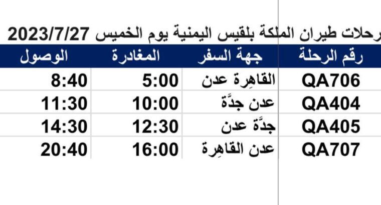 رحلات طيران الملكة بلقيس اليمنية يوم الخميس 2023/7/27