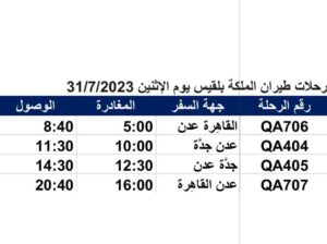 رحلات طيران الملكة بلقيس يوم الإثنين 31/7/2023