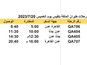 رحلات طيران الملكة بلقيس يوم الخميس 2023/7/20