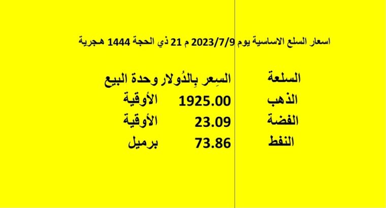 اسعار السلع الاساسية يوم 2023/7/9 م 21 ذي الحجة 1444 هجري