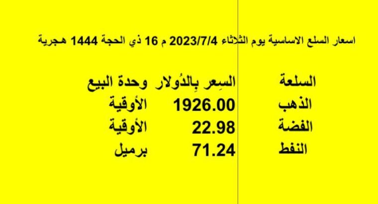 اسعار السلع الاساسية يوم الثلاثاء 2023/7/4 م 16 ذي الحجة 1444 هـجرية