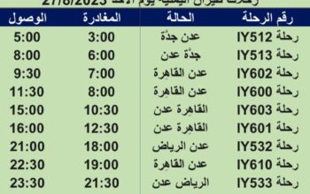 رحلات طيران اليمنية يوم الأحد 27/8/2023 م