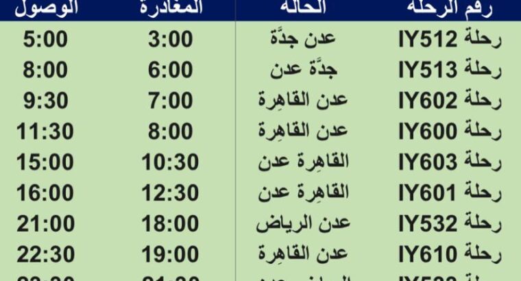 رحلات طيران اليمنية يوم الأحد 27/8/2023 م