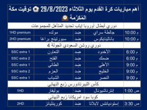 أهم مباريات كرة القدم يوم الثلاثاء 29/8/2023 توقيت مكة المُكرَّمة