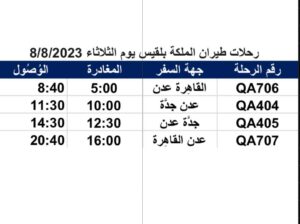 رحلات طيران الملكة بلقيس يوم الثلاثاء 8/8/2023