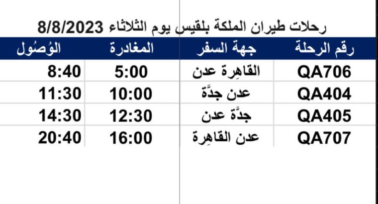 رحلات طيران الملكة بلقيس يوم الثلاثاء 8/8/2023