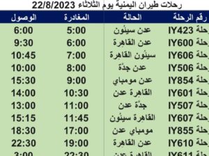 رحلات طيران اليمنية يوم الثلاثاء 22/8/2023 م