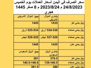 سعر الصرف في اليمن أسعار العملات يوم الخميس 24/8/2023 م 2023/8/24 م 8 صفر 1445 هجري