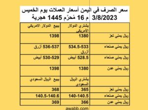 سعر الصرف في اليمن أسعار العملات يوم الخميس 3/8/2023 م 16 مُحرَّم 1445 هجرية