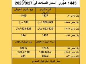 سعر الصرف في اليمن في 2023/9/27 سعر الصرف في اليمن 27/9/2023 م 12ربِيع الأول 1445 هجري أسعار العملات في 2023/9/27