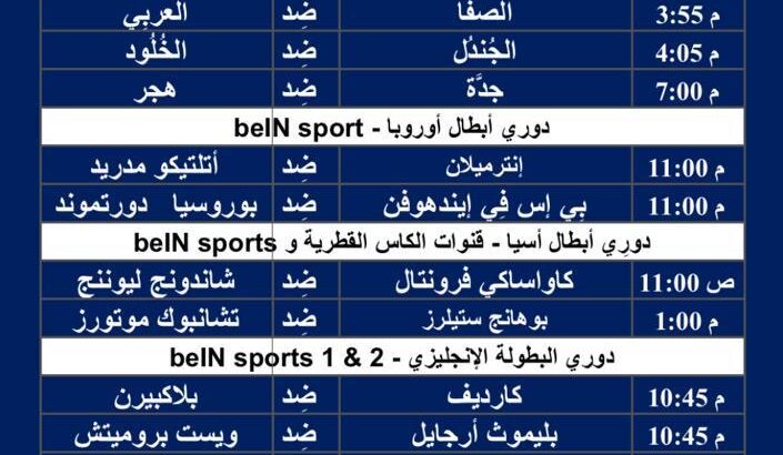 جدول مباريات كرة القدم ليوم الثلاثاء 20/2/2024 ⚽️ 🕰️