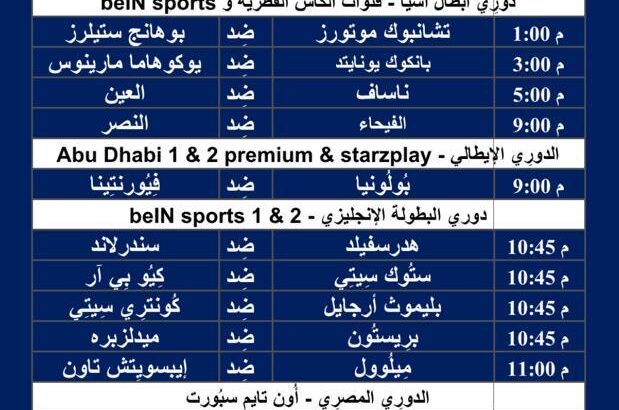 جدول مباريات كرة القدم ليوم الأربعاء 14/2/2024 ⚽️ 🕰️