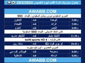 جدول مباريات كرة القدم ليوم الخميس 29/2/2024 ⚽️ 🕰️