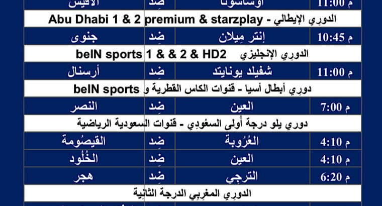 جدول مباريات كرة القدم ليوم الإثنين 4/3/2024 ⚽️ 🕰️