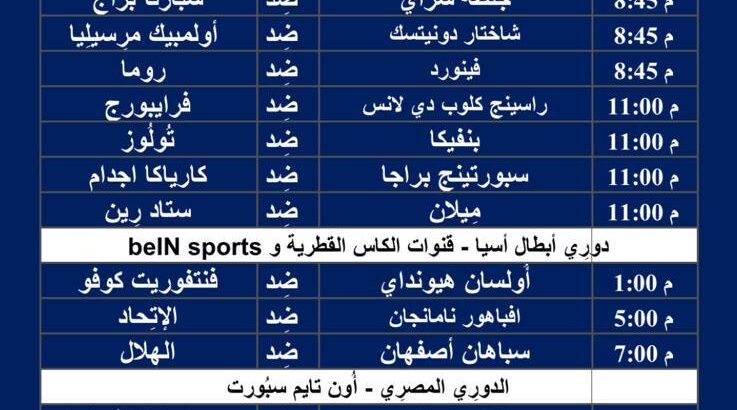 جدول مباريات كرة القدم ليوم الخميس 15/2/2024 ⚽️ 🕰️