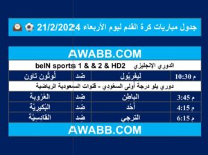 جدول مباريات كرة القدم ليوم الأربعاء 21/2/2024 ⚽️ 🕰️