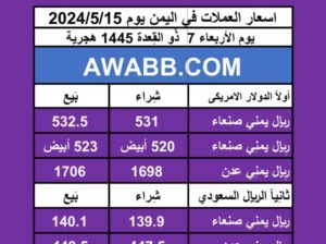 اسعار العملات في اليمن يوم 2024/5/15