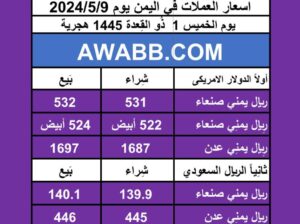 اسعار العملات في اليمن يوم 2024/5/9