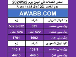 اسعار العملات في اليمن يوم 2024/5/2