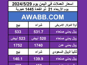 اسعار العملات في اليمن يوم 2024/5/29