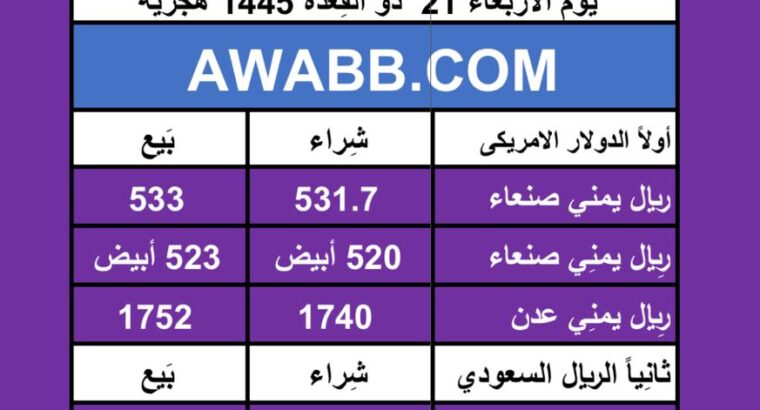اسعار العملات في اليمن يوم 2024/5/29