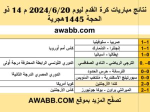 نتائج مباريات كرة القدم ليوم 2024/6/20 م 14 ذو الحجة 1445هجرية