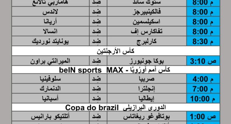 جدول مباريات كرة القدم يوم 2024/6/20 م