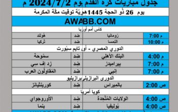 جدول مباريات كرة القدم يوم 2024/7/2 م