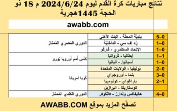 نتائج مباريات كرة القدم ليوم 2024/6/24 م 18 ذو الحجة 1445هجرية