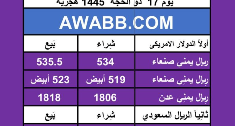 اسعار العملات في اليمن يوم 2024/6/23