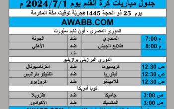 جدول مباريات كرة القدم يوم 2024/7/1 م