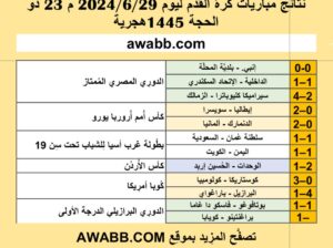 نتائج مباريات كرة القدم ليوم 2024/6/29 م 23 ذو الحجة 1445هجرية