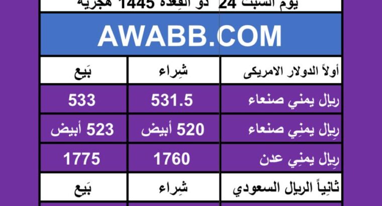 اسعار العملات في اليمن يوم 2024/6/1