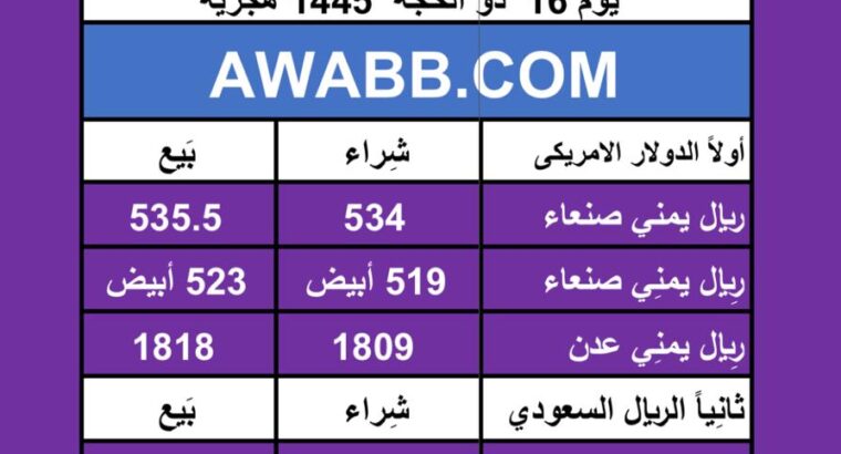 اسعار العملات في اليمن يوم 2024/6/22