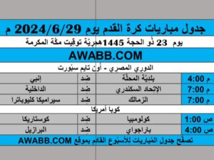جدول مباريات كرة القدم يوم 2024/6/29 م