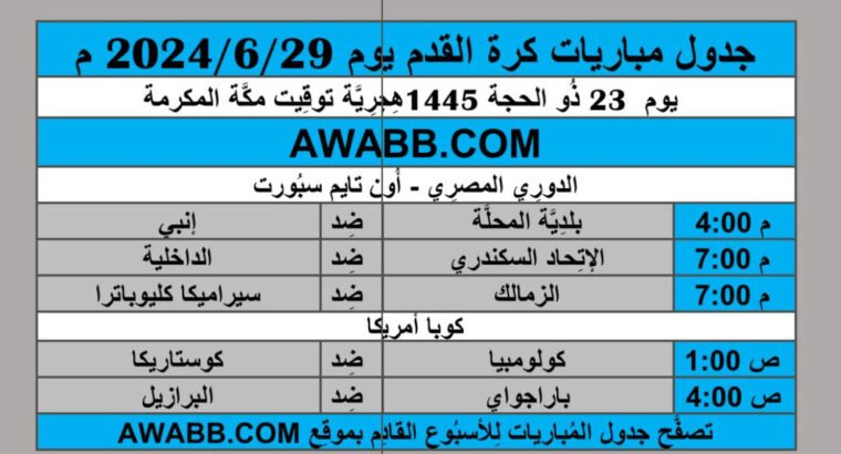 جدول مباريات كرة القدم يوم 2024/6/29 م