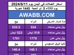 اسعار العملات في اليمن يوم 2024/6/11