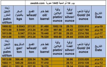 كشف يومي حول سعر السلع اليوم و الفضة و النفط و القمح الأمريكي و السكر و زيت النخيل المكرر gold prices silver price fuel price wheat price sugar price palm oil price 2024/6/20
