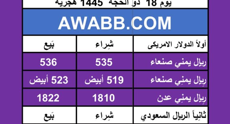 اسعار العملات في اليمن يوم 2024/6/24
