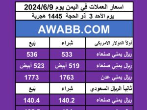 اسعار العملات في اليمن يوم 2024/6/9