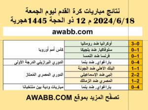نتائج مباريات كرة القدم ليوم الجمعة 2024/6/18 م 12 ذو الحجة 1445هجرية