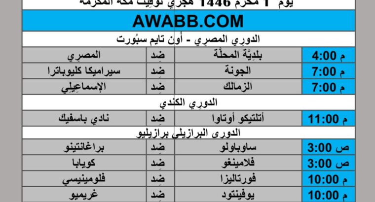 جدول مباريات كرة القدم يوم 2024/7/7 م