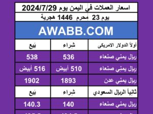اسعار العملات في اليمن يوم 2024/7/29