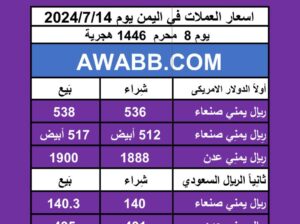 اسعار العملات في اليمن يوم 2024/7/14