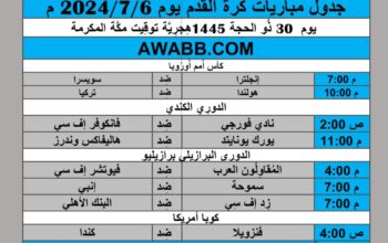 جدول مباريات كرة القدم يوم 2024/7/6 م