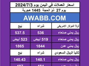 اسعار العملات في اليمن يوم 2024/7/3